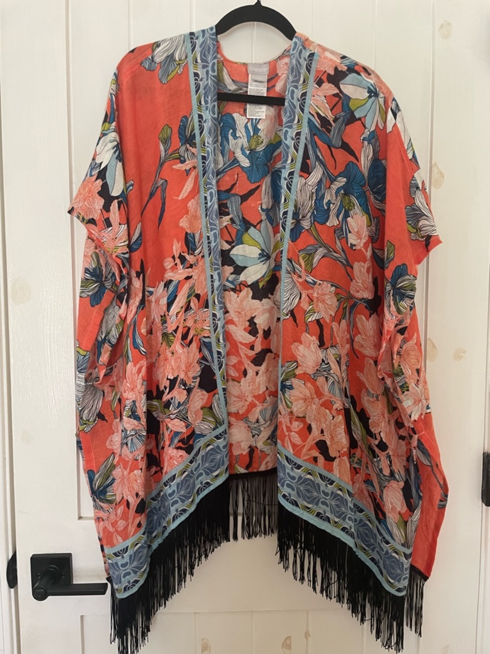 Beautiful Chicos Linen Floral Tropical Beach Boho Top Shawl Kimono Size L/XL